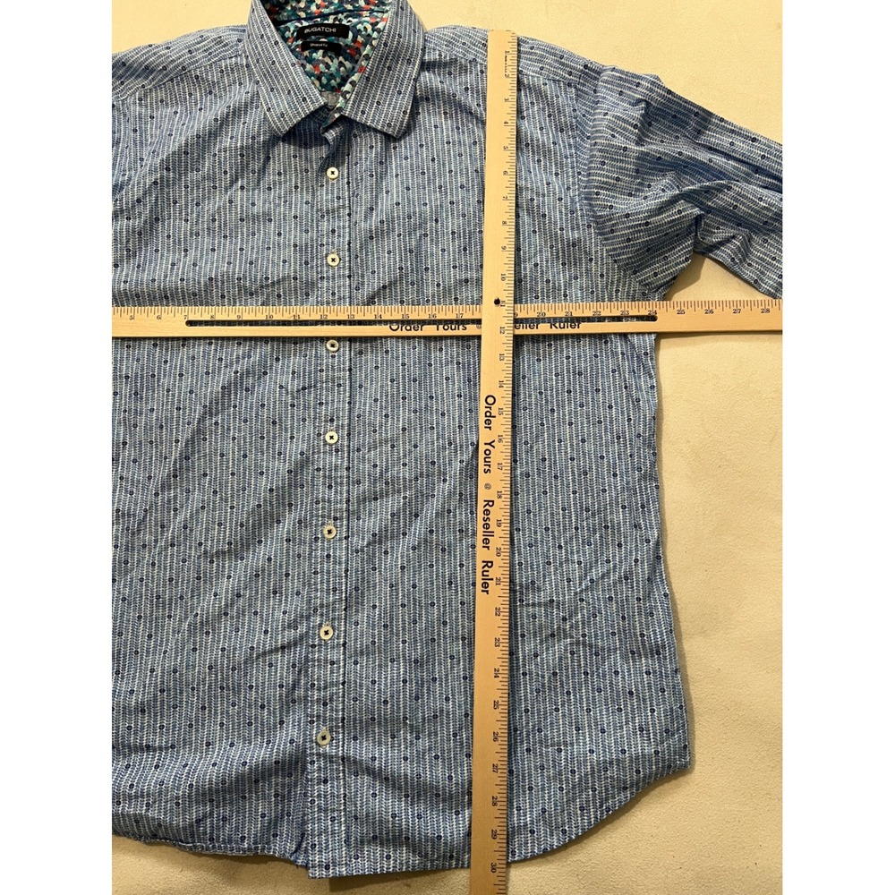 BUGATCHI Men's Shaped Fit Blue Striped Micro Dot Dress Shirt Long Sleeve Cotton - Picture 3 of 12